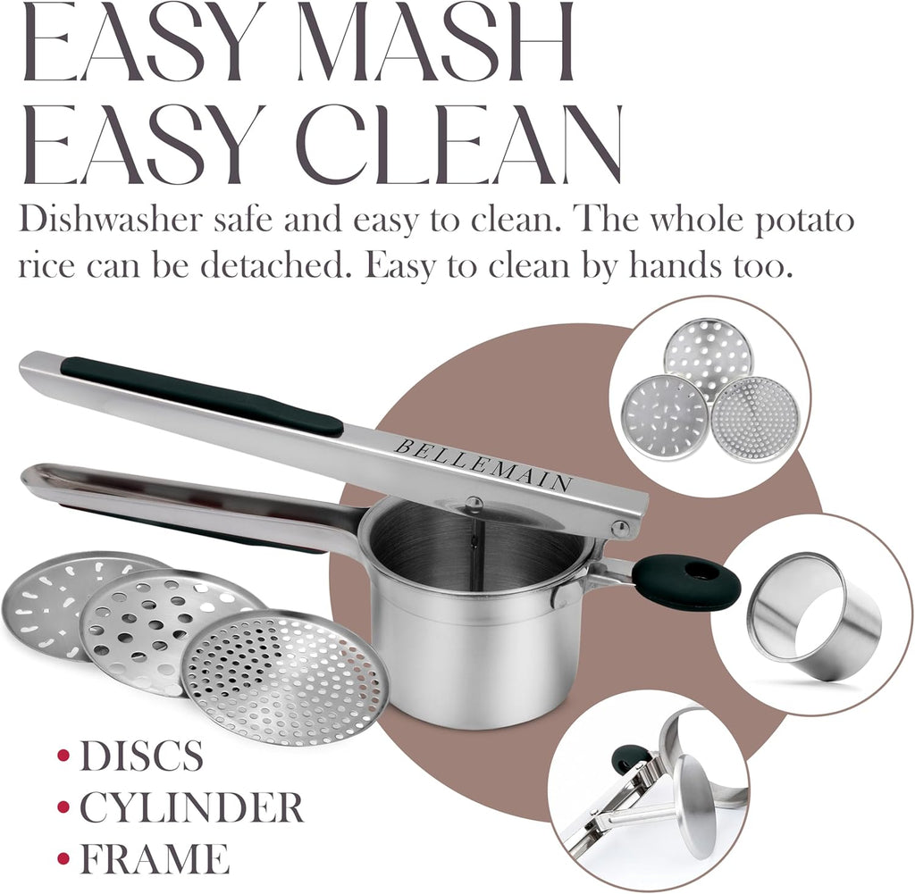 Bellemain 15 oz Large Potato Ricer - Heavy-Duty Stainless Steel Masher with 3 Discs | Perfect for Creamy Mashed Potatoes