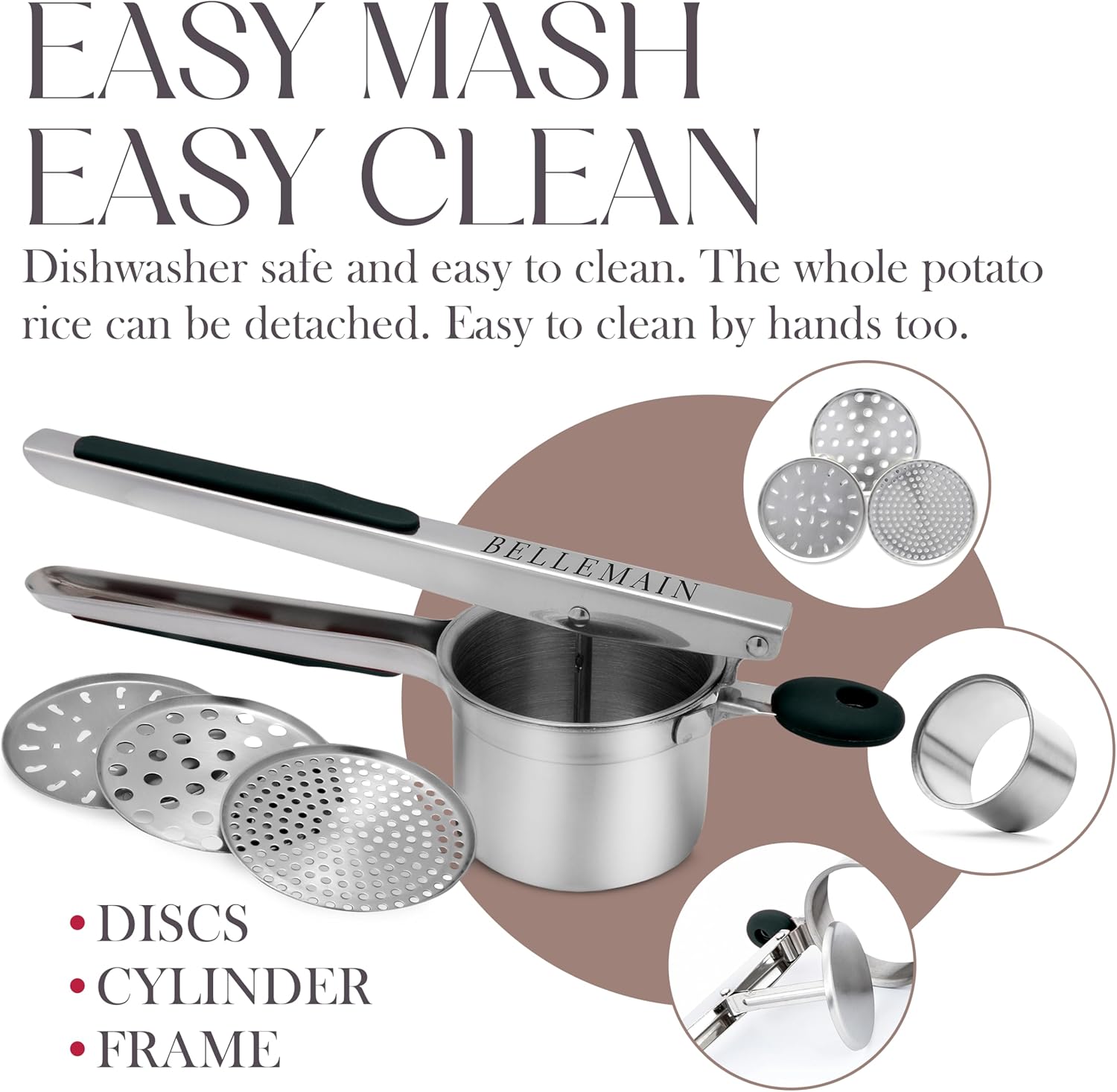 Bellemain 15 oz Large Potato Ricer - Heavy-Duty Stainless Steel Masher with 3 Discs | Perfect for Creamy Mashed Potatoes