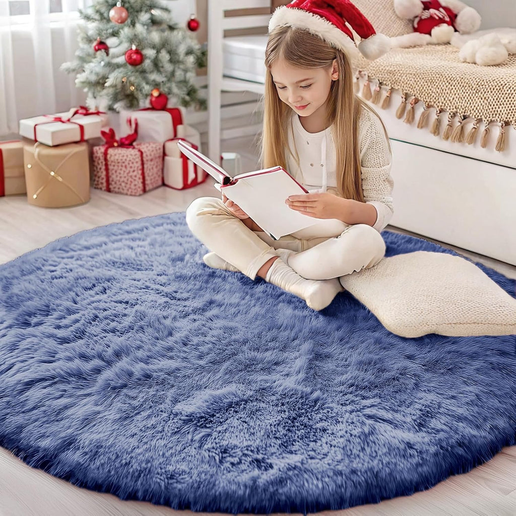 OLANLY Denim Blue Round Rug - Soft, Fluffy, Machine Washable 4 ft Circle Area Rug for Bedroom & Living Room