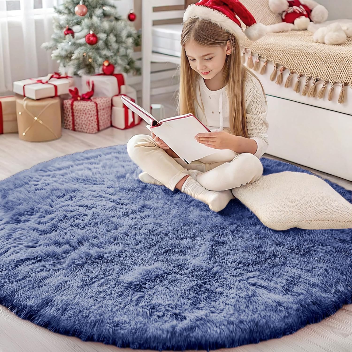 OLANLY Denim Blue Round Rug - Soft, Fluffy, Machine Washable 4 ft Circle Area Rug for Bedroom & Living Room