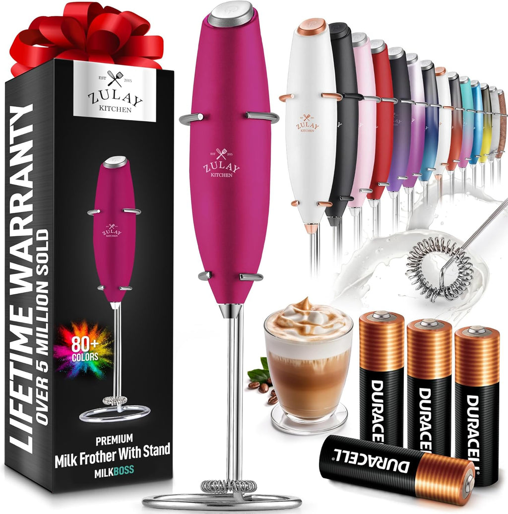 Zulay Kitchen Milk Frother Wand - Ultra-Fast Handheld Electric Whisk for Coffee & Lattes - Includes 4 AA Batteries - Dragonfruit