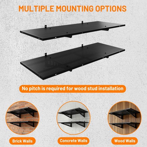 Heavy Duty Garage Shelving by [Brand Name] - 2-Pack 1.5x4ft Wall-Mounted Metal Racks with Install Kit & Hooks, Black