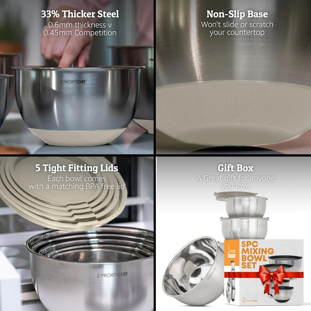 Priority Chef Premium Mixing Bowls Set - Airtight Lids, Non-Slip Base | 5 Nesting Stainless Steel Bowls (1.5-5 Qt) in Khaki