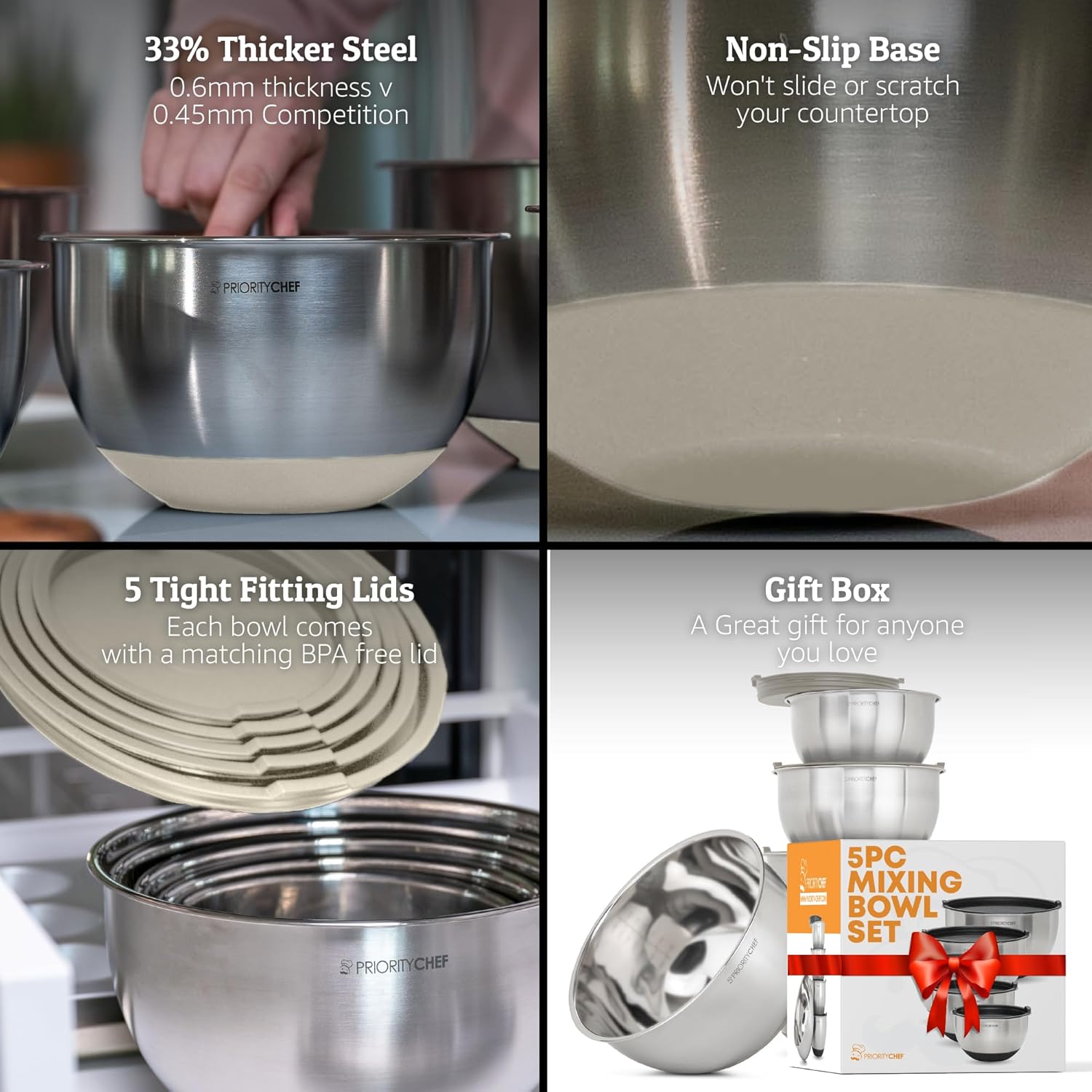 Priority Chef Premium Mixing Bowls Set - Airtight Lids, Non-Slip Base | 5 Nesting Stainless Steel Bowls (1.5-5 Qt) in Khaki