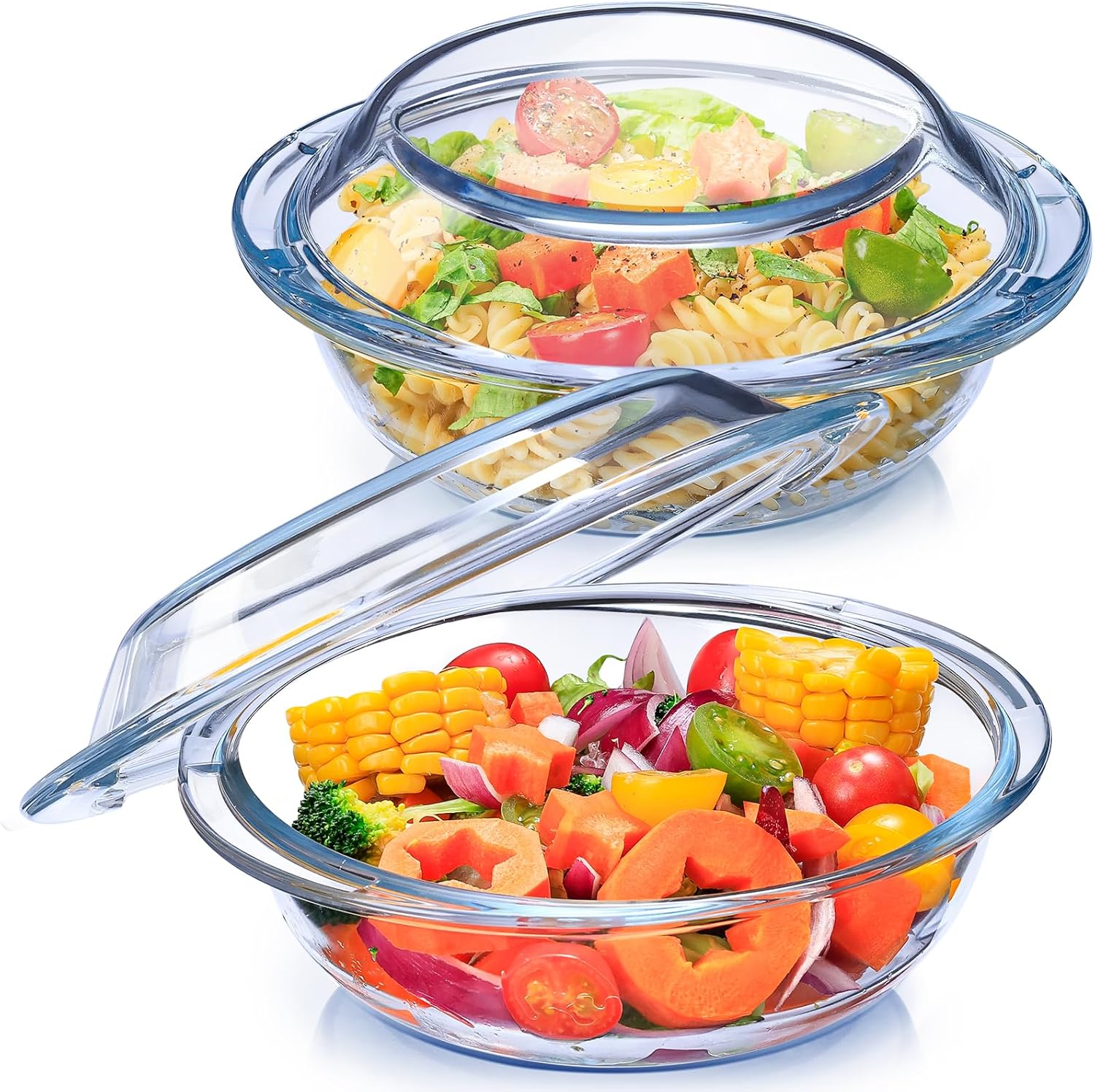 Skiennix 2-Piece Glass Casserole Dish Set - 1 Liter Round Oven Safe Bakeware with Lid & Handles