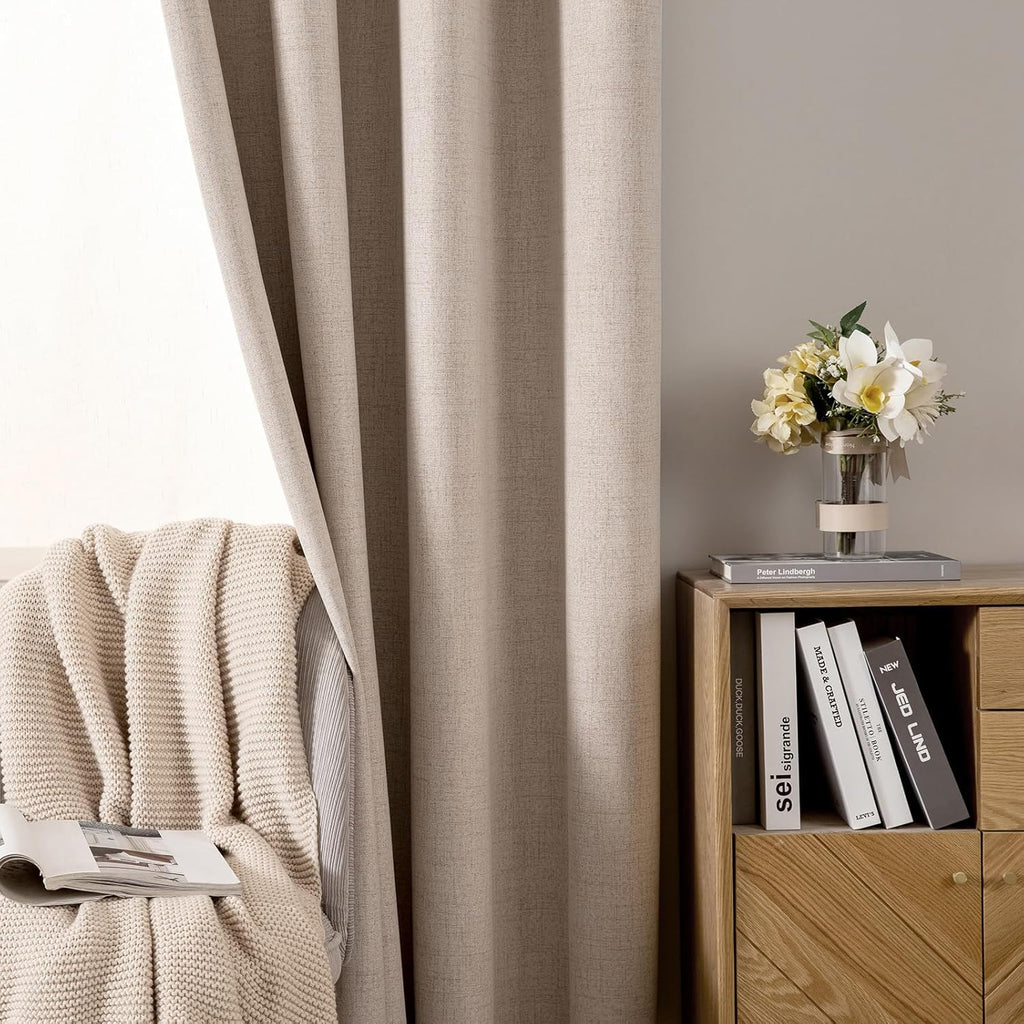 MIULEE 100% Blackout Linen Textured Curtains - Extra Long 100 Inches, Thermal Insulated, Natural Beige | Luxury Room Darkening Drapes (2 Panels)