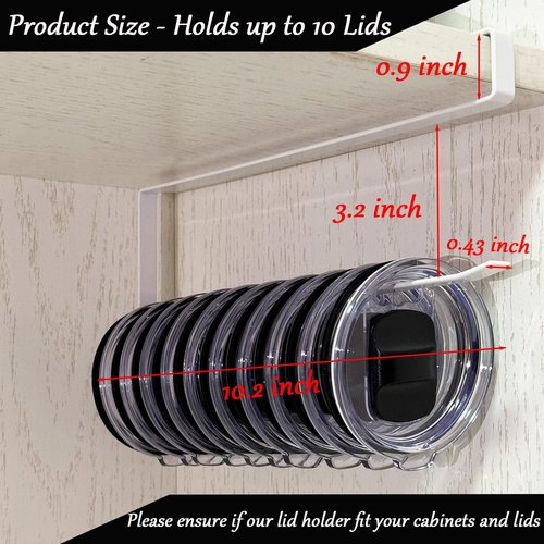 2 Pack Tumbler Lid Organizer for Yeti Tumbler & Stanley Water Bottles, Under Cabinet Cup Lid Holder, Space Saving Horizontal Storage Hook Up to 10 Mug Lids, Kitchen Paper Towel Rack Hanger, White