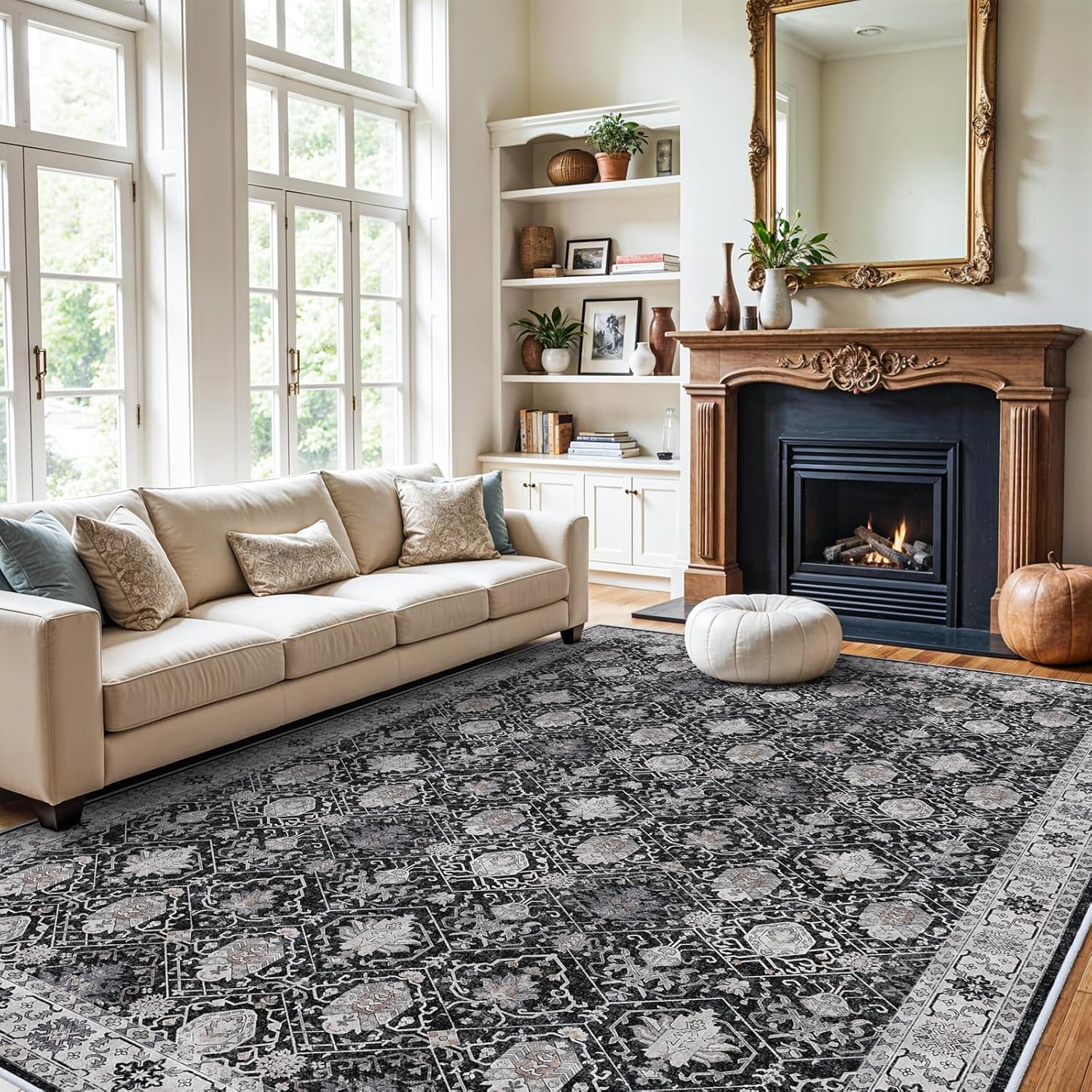 Skiennix Washable Large Area Rug - Ultra Soft Non-Slip 9x12 Oriental Carpet for Living Room | Stain Resistant Black
