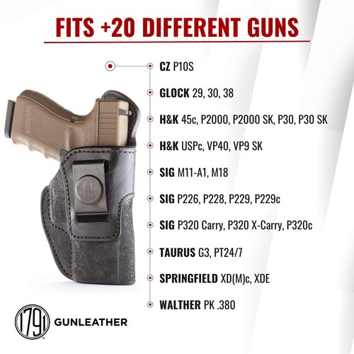 1791 Leather Gun Holster - IWB - Premium Leather Right Handed Holster - Fits Glock 23, 29, 30, 38 / Sig Sauer P220 P226 P229, P229c, P320c, P320
