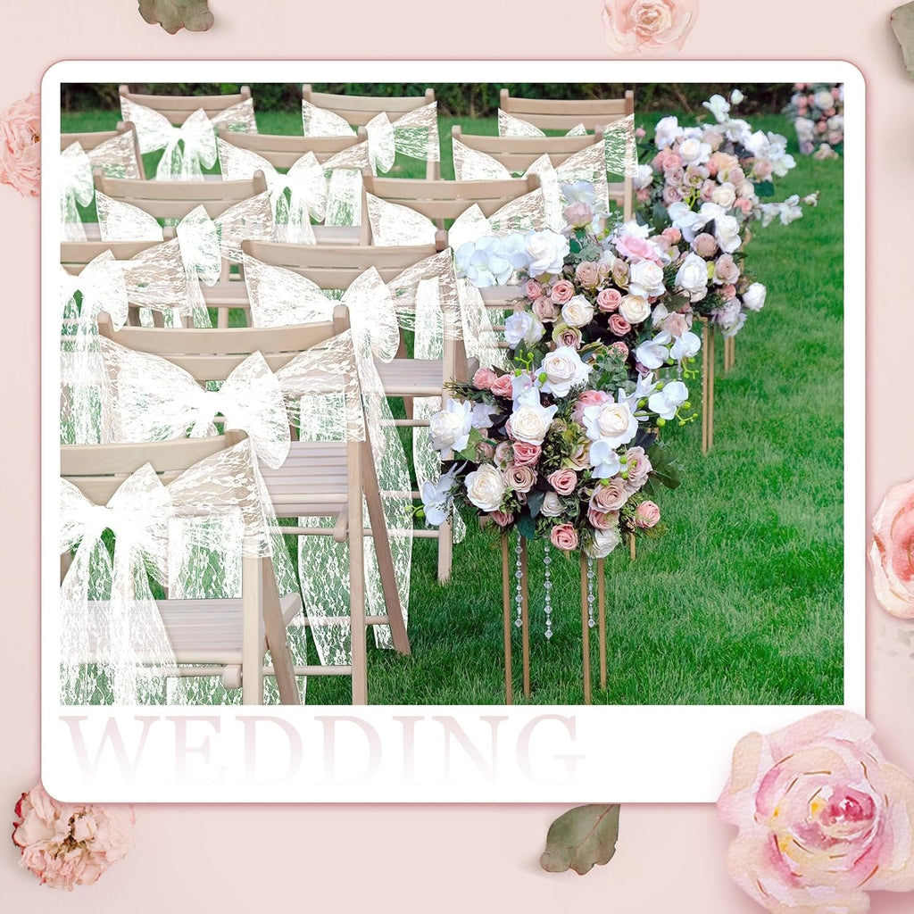 VitalCozy Vintage Chair Sashes - 50 Pcs Embroidered Boho Bows for Weddings & Events | 7 x 108 Inches, Lace White