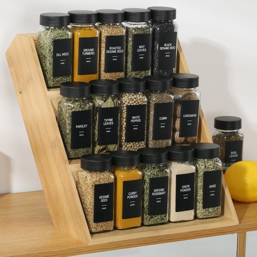 GMAMXD 36 Glass Spice Jars with Labels, Spice Jar Set, 4oz Spice Containers, Seasoning Containers with Black Airtight Lids and Shaker Lids, Square Empty Spice Bottles, 492 Labels, 1 Funnel
