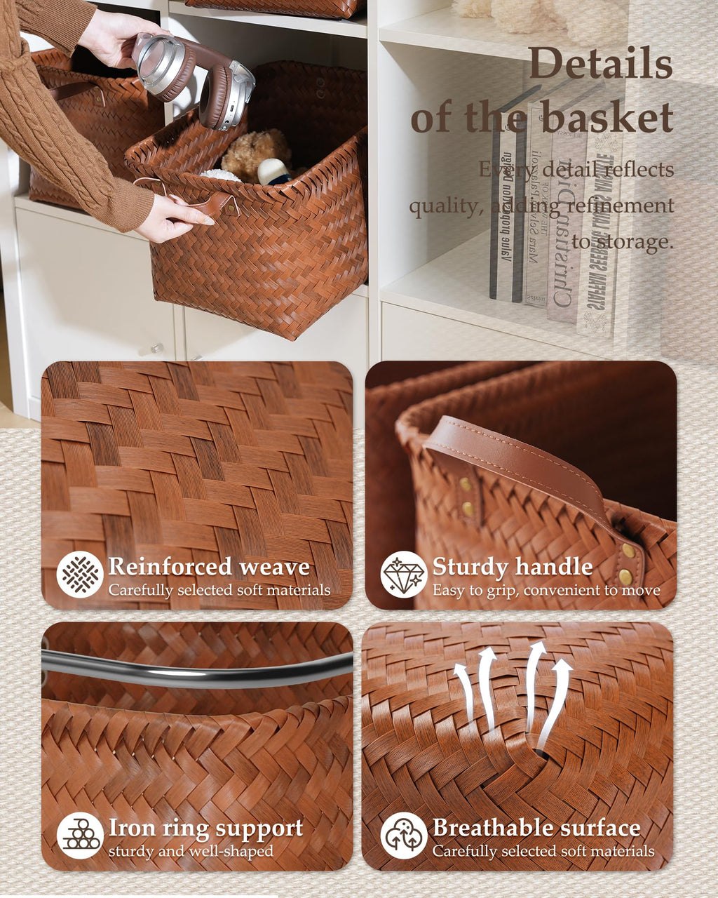 VZFXRD 15x10x9 Woven Laundry Basket Hamper, Storage Basket for Clothes Blankets, 4-Pack Wicker Bin for Closet Shelves Bedroom Bathroom, Brown