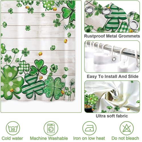 Baccessor Happy St.Patrick's Day Shower Curtain,Lucky Green Shamrock Clover Shower Curtain Bathroom Bath Home Decor Waterproof Polyester Fabric with Hooks 72 W x72 H Inch