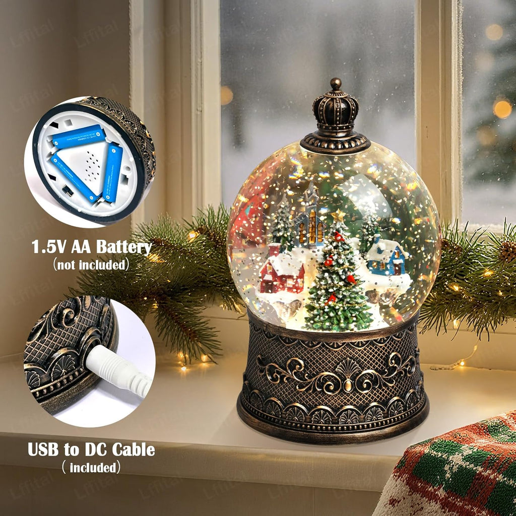 Skiennix Christmas Snow Globe Lantern - Lighted Indoor Decorations with Music Timer & Glitter | Mountain Church Design