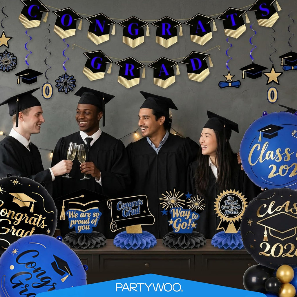 PartyWoo Graduation Decorations - Class of 2026 Black, Gold & Blue 19-Piece Set with Congrats Banner & Balloons