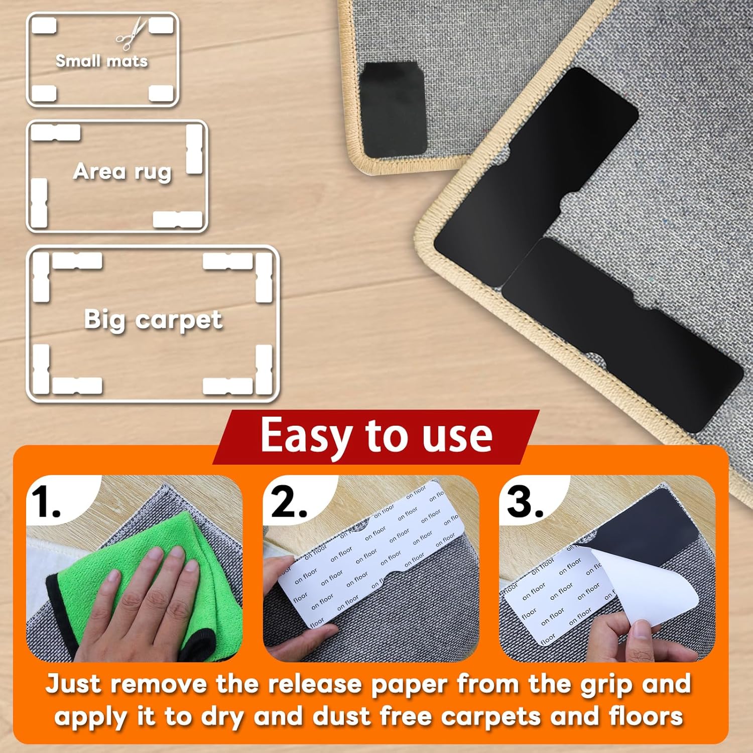 Skiennix Non-Slip Rug Grippers - Reusable Carpet Tape Pads for Hardwood & Tile Floors (12 Pack)