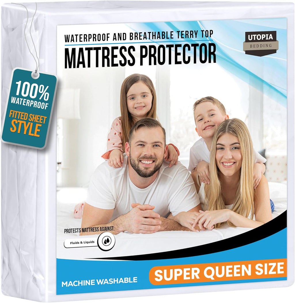 Utopia Bedding Waterproof Mattress Protector - Premium 200 GSM Terry Cover | Super Queen Size, Soft & Breathable