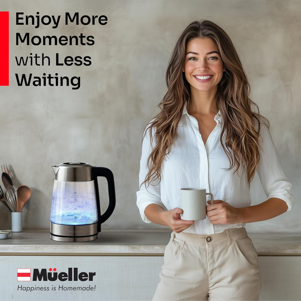 Mueller Rapid Boil Electric Tea Kettle - 1.8L Borosilicate Glass & Stainless Steel - BPA-Free, Auto Shut-Off & LED Light
