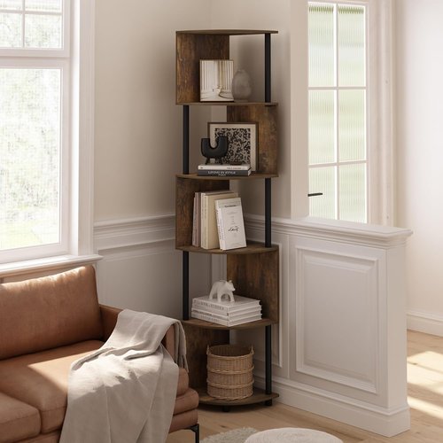 Furinno ECON Corner Shelf - 5-Tier Zigzag Book Shelf for Stylish Organization | Amber Pine Finish