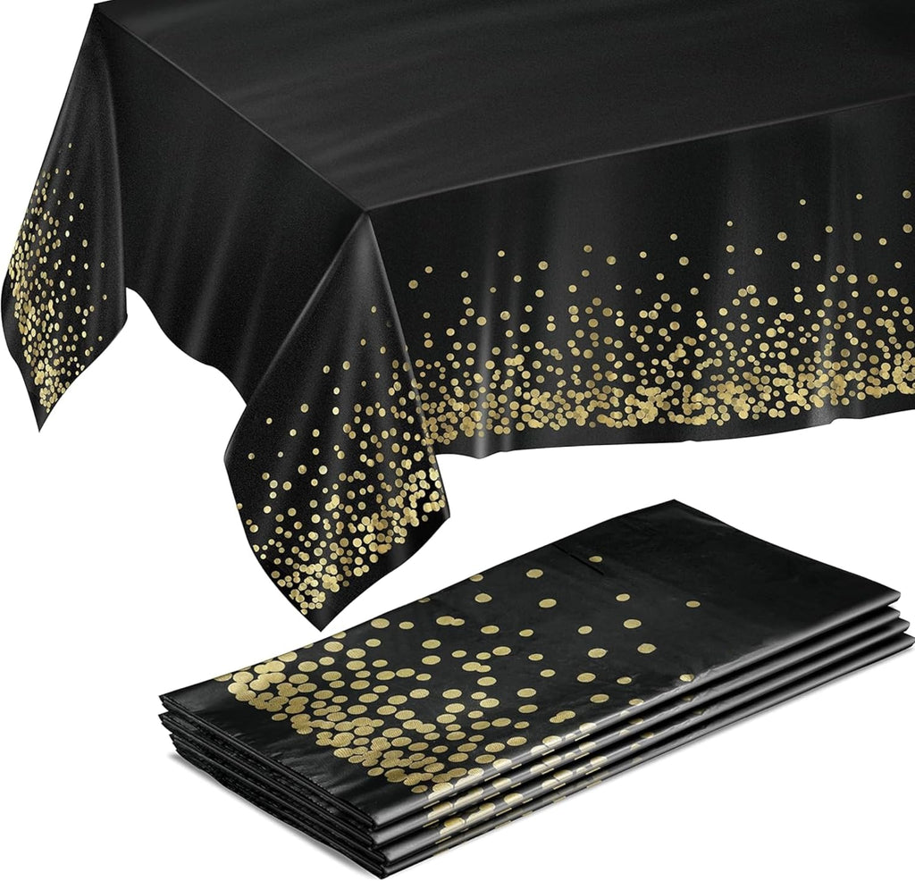 Prestee Gold & Black Rectangle Table Covers | 4 Pack Disposable Plastic Tablecloths - 54 x 108 Inches for Parties & Events
