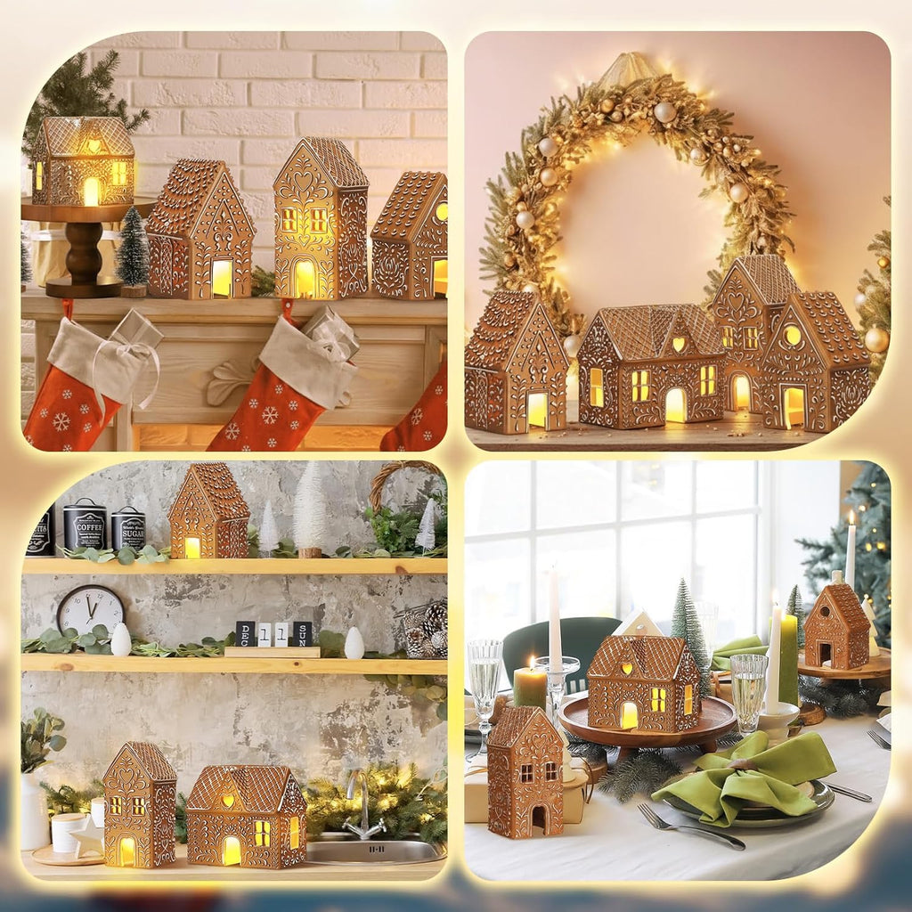Thyle Christmas Gingerbread House Decoration Set - 4 Pcs LED Resin Village Figurines for Holiday Decor