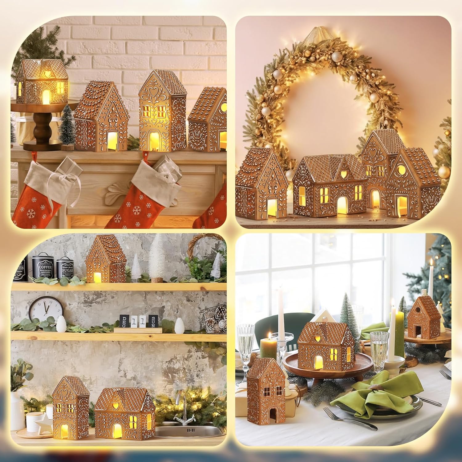 Thyle Christmas Gingerbread House Decoration Set - 4 Pcs LED Resin Village Figurines for Holiday Decor