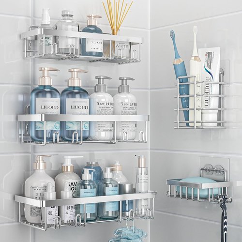 Liuoud Shower Caddy Organizer - Rustproof Stainless Steel Wall Storage Basket | Large Capacity, Silver