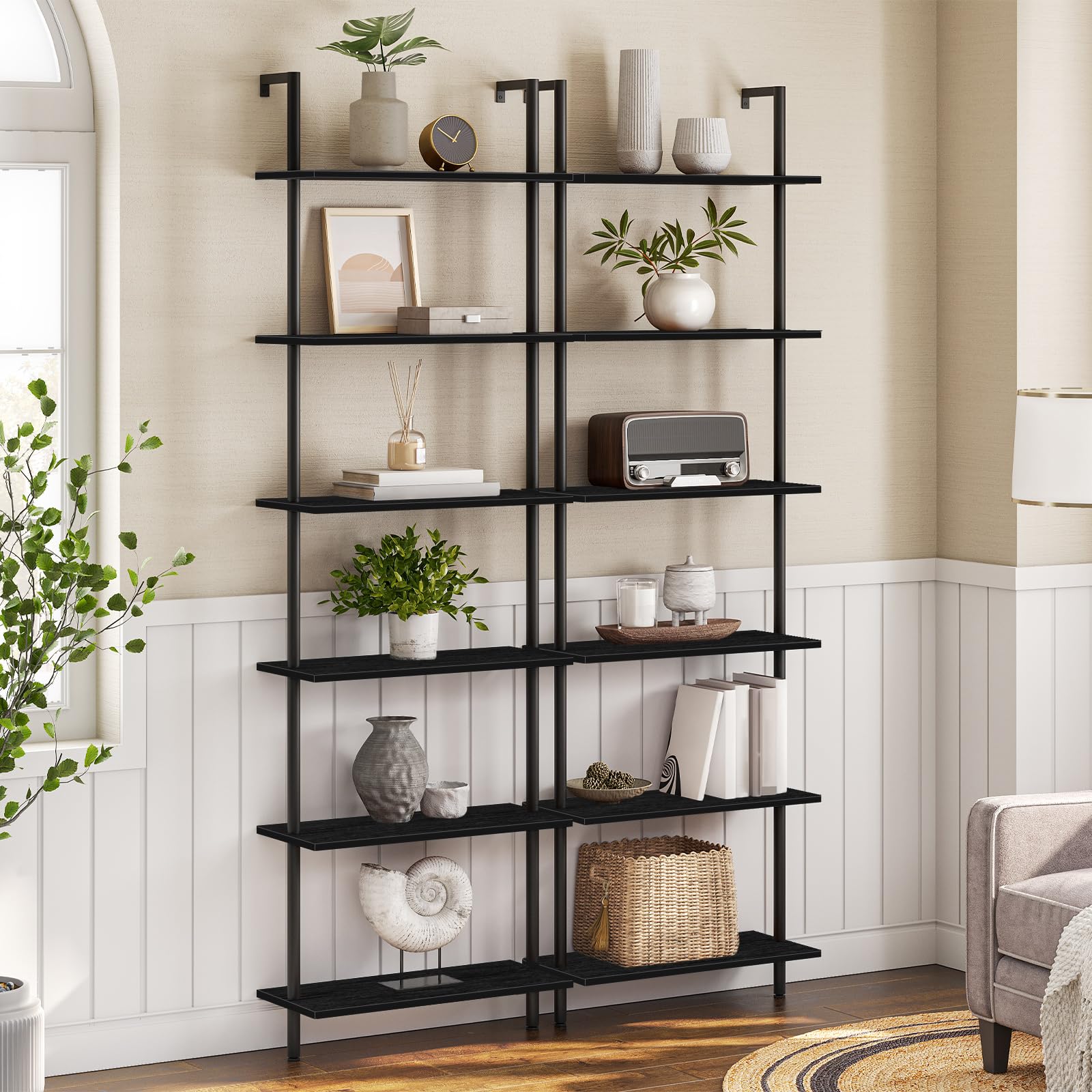 HOOBRO DIY Ladder Shelf, 6-Tier Wall Mounted Bookshelf, Office Vertical Bookcase, Wooden Storage Shelves for Home Office, Bedroom, Black BB65CJ01