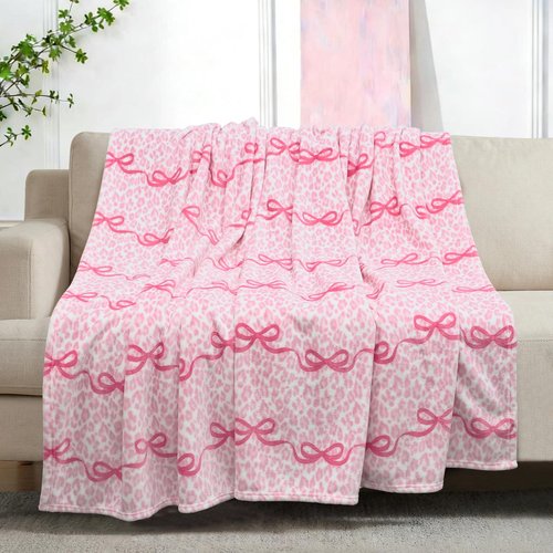 VigorSpring Pink Bow Blanket - 50x60 Inch, Leopard Background Printed, Super Soft Warm Valentine's Day Throw Blanket, Coquette Aesthetic Home Decor, Ideal Gift for Girls Women
