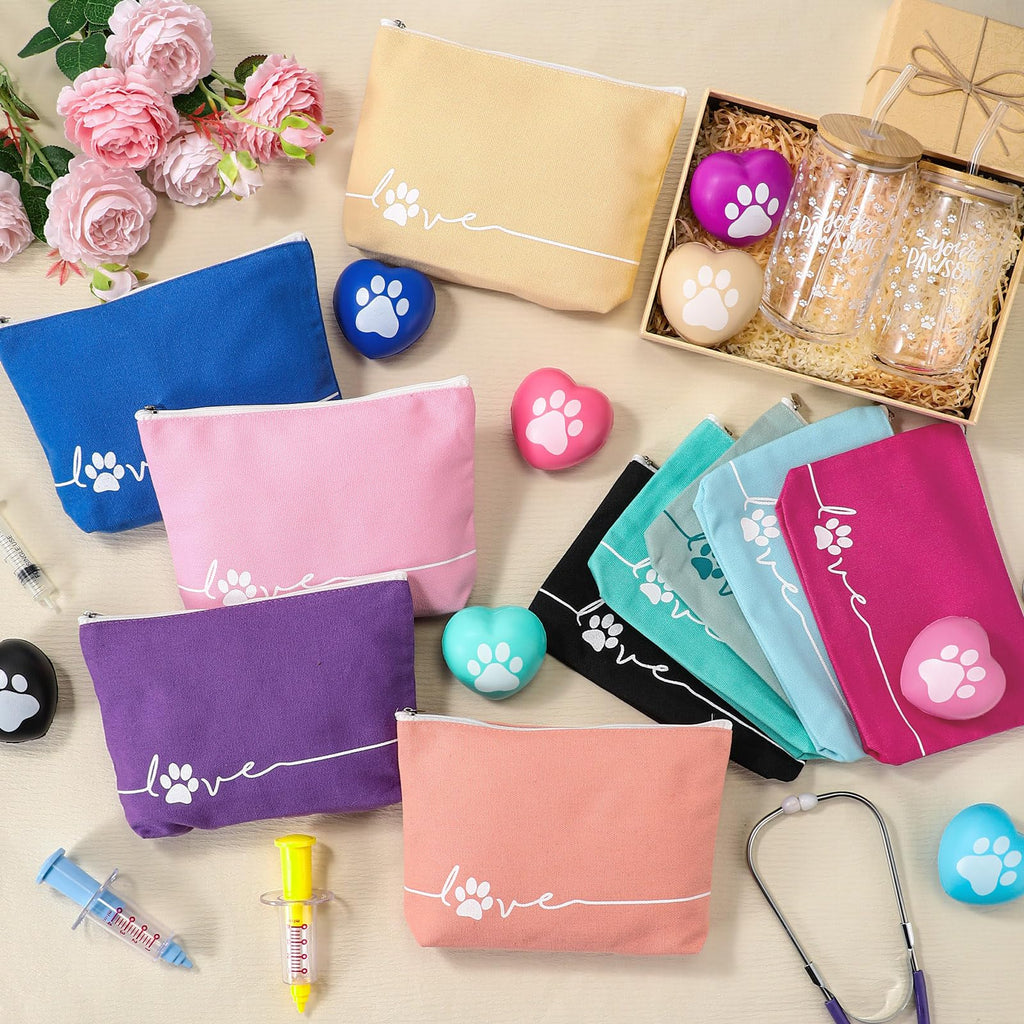 Sliner 10 Sets Veterinary Receptionist Week Gift for Women Inspirational 16 oz Glass Cups with Lid Makeup Bag with Stress Toy Vet Tech Assistant Dog Lover Cat Groomer Gifts Must Haves (Multicolor)