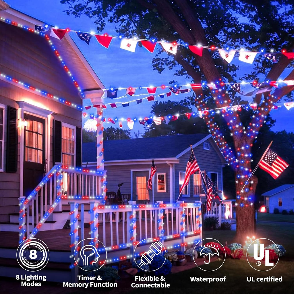 Skiennix 100ft LED Rope Lights - Waterproof, Connectable & Flexible Tube Lighting | 8 Modes, Red, White & Blue