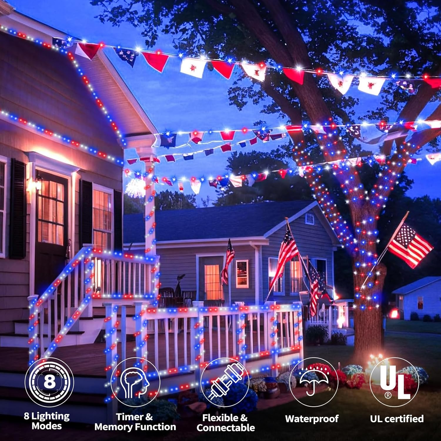 Skiennix 100ft LED Rope Lights - Waterproof, Connectable & Flexible Tube Lighting | 8 Modes, Red, White & Blue