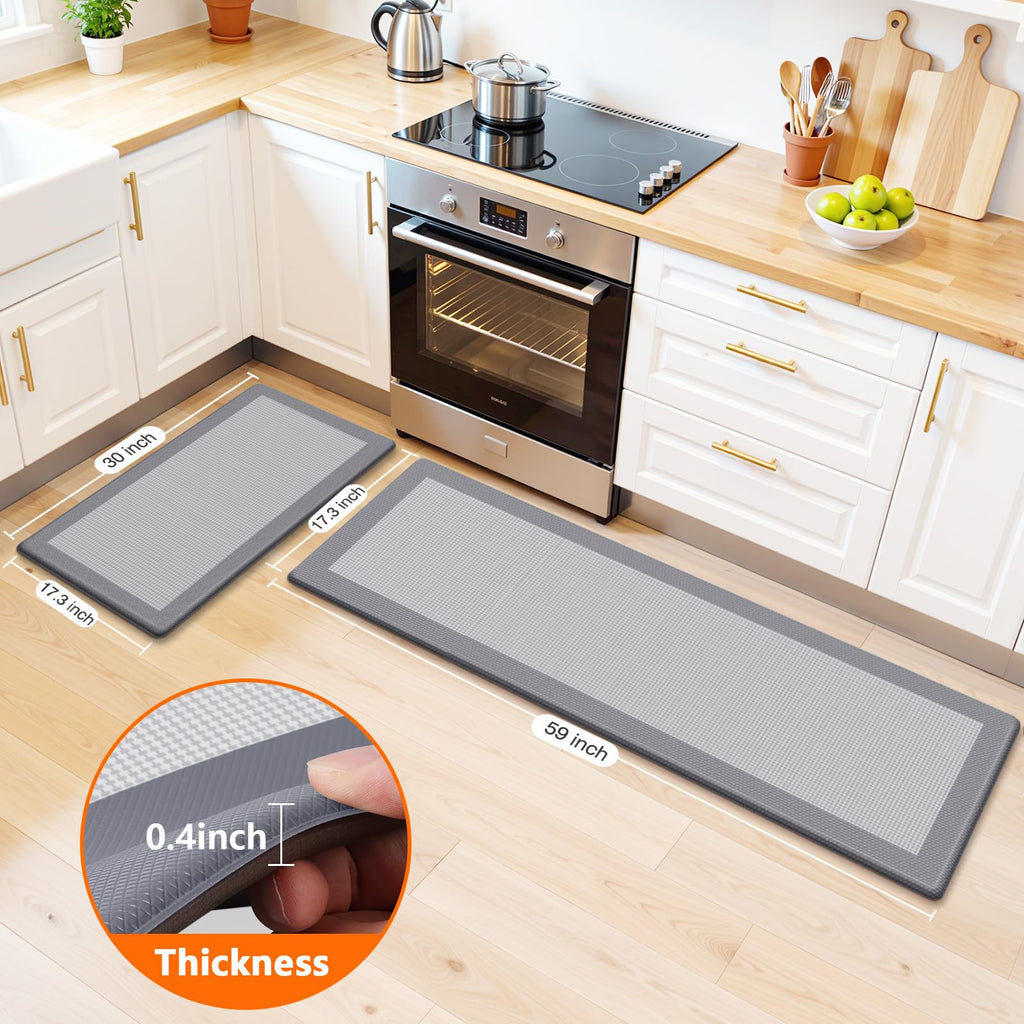 SofterCharm Kitchen Mats, 2PCS Kitchen Rugs for Floor, Cushioned Anti-Fatigue Mats for Kitchen Floor, Non-Slip Standing Desk Mat for Sink, Home, Laundry & Office, 17.3"x30"+17.3"x59" (Grey)