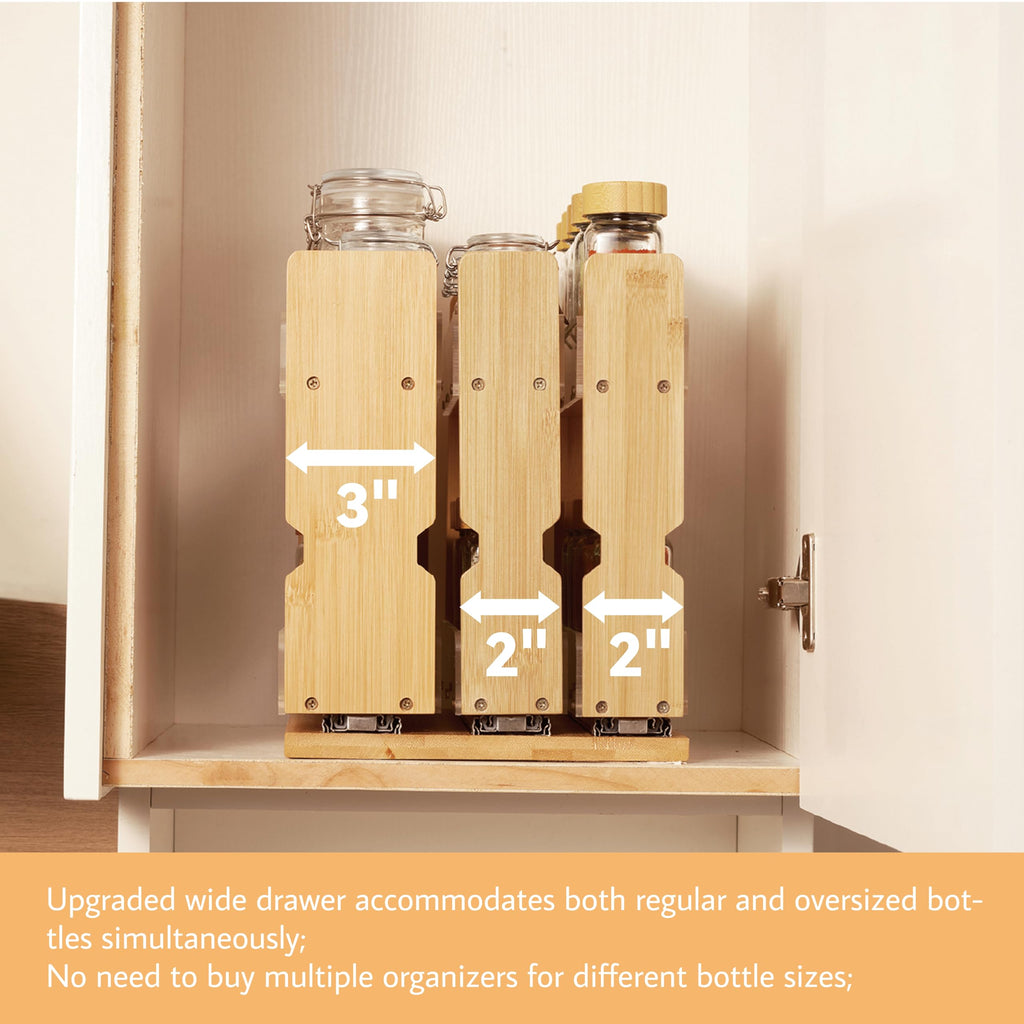 Barlorie Bamboo Pull Out Spice Rack Organizer for Cabinet, 3 Slide-Out Drawers(2"&3") with Wide Drawer for Large Bottles, Kitchen Pantry Heavy-Duty Sliding Vertical Organization, 8.6"W,2-Tier,Natural