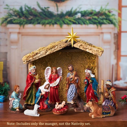 BESBLEE Wooden Nativity Stable 13.8''×11.8'' with Bethlehem Star, Fits 7-8'' Holy Family, Christmas Indoor Creche Home Desk Decor, No Figures