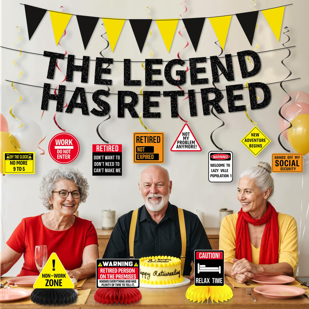 Roetyce Retirement Decorations Men Women, Caution Happy Retirement Banner Hanging Swirls Centerpieces Kit, Funny Legend Retired Party Supplies Backdrop for Coworker Family