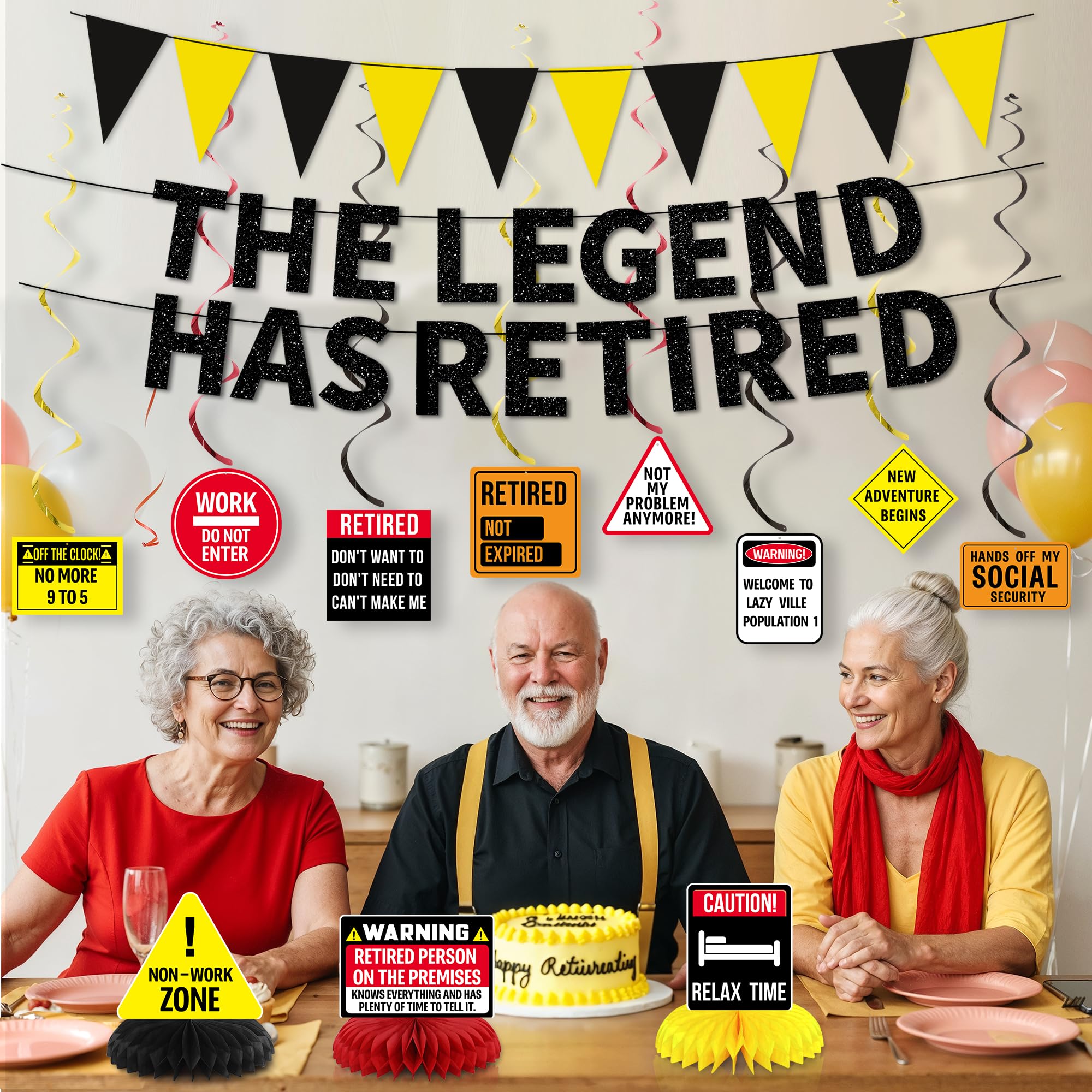 Roetyce Retirement Decorations Men Women, Caution Happy Retirement Banner Hanging Swirls Centerpieces Kit, Funny Legend Retired Party Supplies Backdrop for Coworker Family