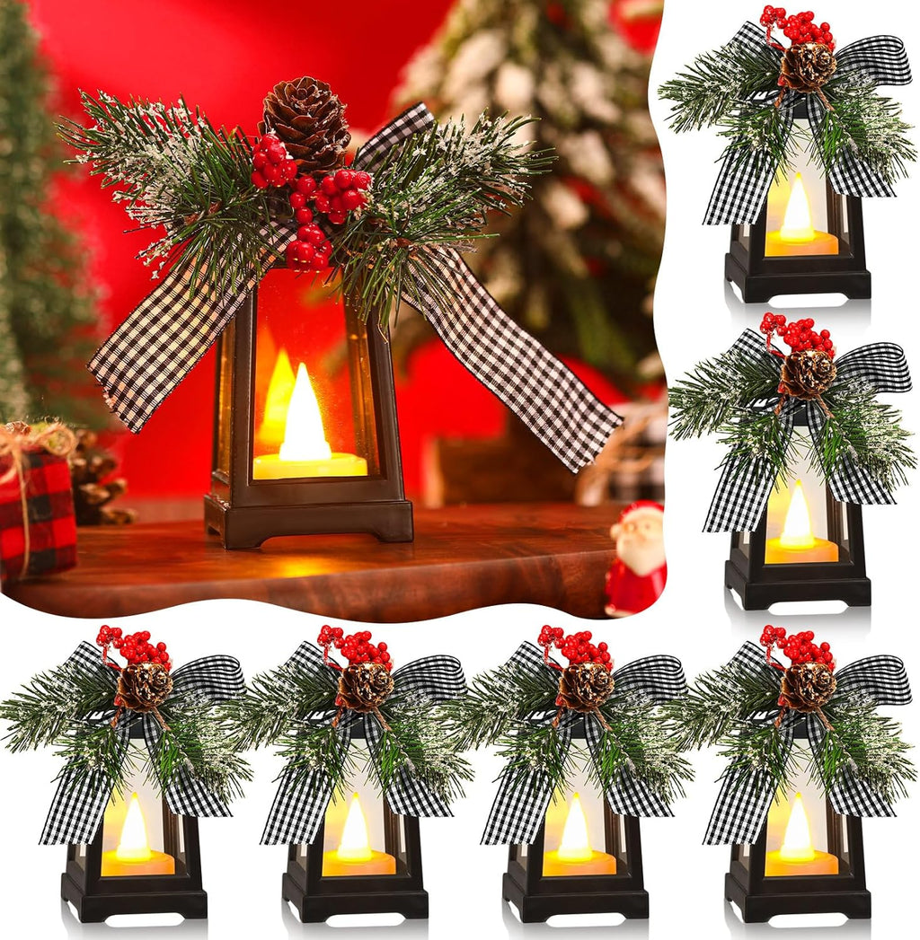Regine Switzerland Set of 6 Christmas Mini Lanterns - Flickering LED Flameless Candle | Black and White Bow