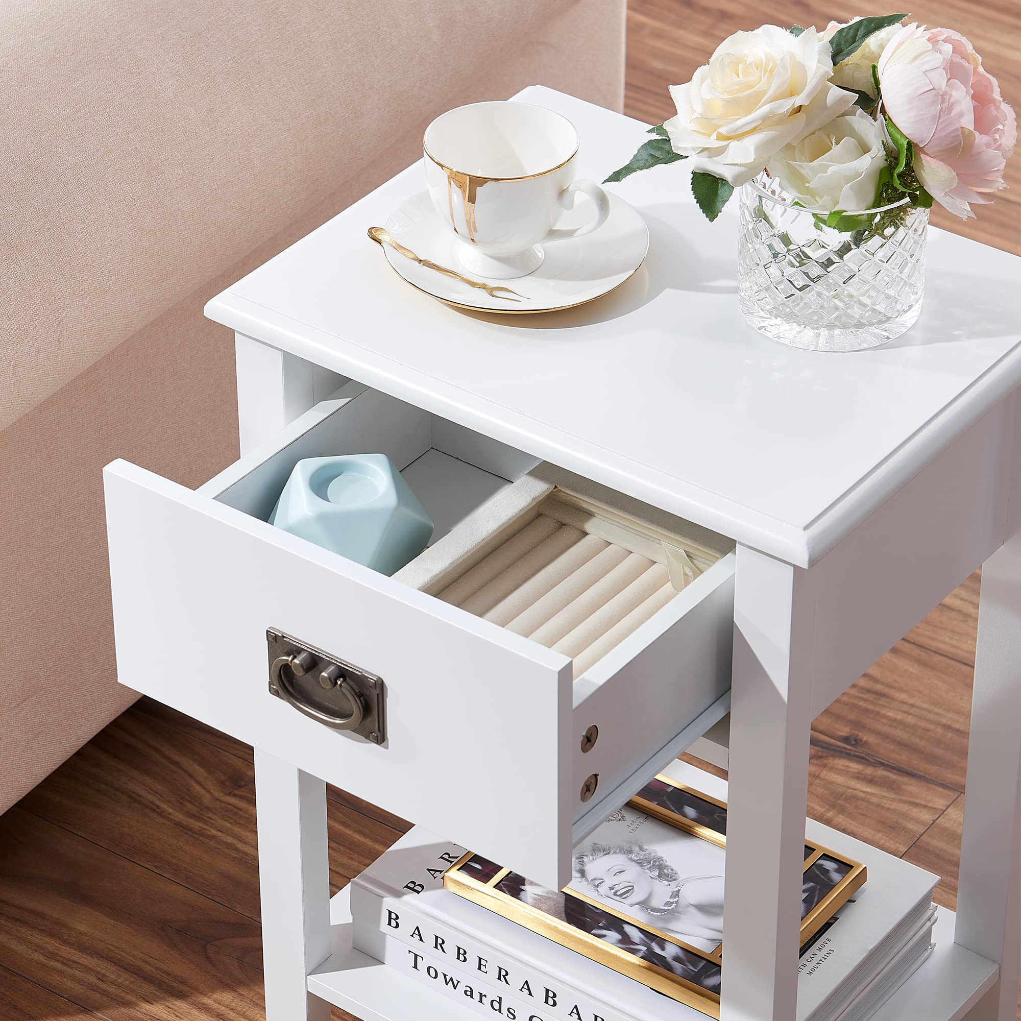 VECELO Nightstands Set of 2 End/Side Tables for Living Room Bedroom Bedside, Vintage Accent Furniture Small Space, Solid Wood Legs, One Drawer