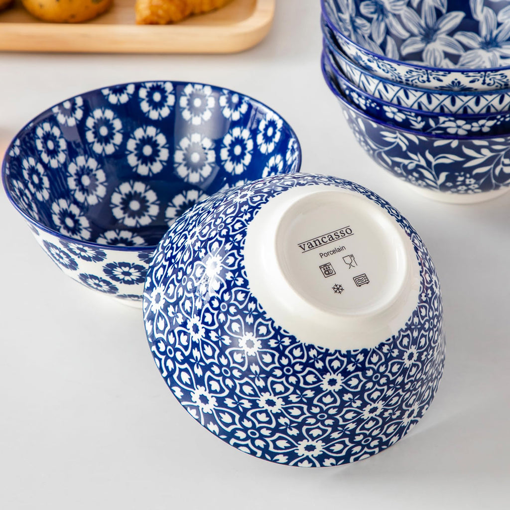vancasso SELENE 24 oz Cereal Bowls set of 6, Ceramic Soup Bowls for Kitchen, Dishwasher & Microwave Oven Safe- for Cereal, Soup, Pasta, Salad, Blue & White Floral Design Bowl Set