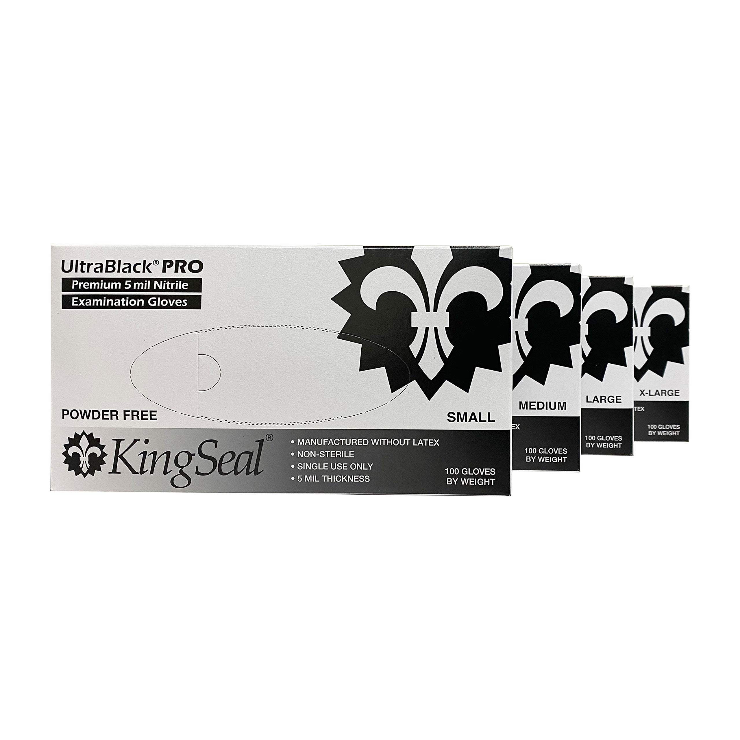 KingSeal UltraBlack-PRO LARGE Nitrile Medical Grade Exam Gloves, Latex Free, 5 MIL, Textured Fingertips - 10 Boxes of 100 Gloves by Weight (1000 Count)