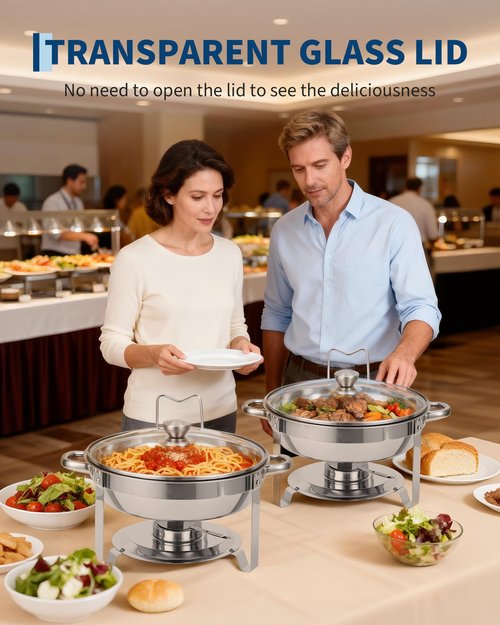 Garvee Chafing Dishes for Buffet, 5QT Buffet Servers and Warmers Set of 2, Round Chafing Dishes with Glass Lid, Stainless Steel Food Warmers for Parties, Catering Supplies for Wedding, Banquet, Silver