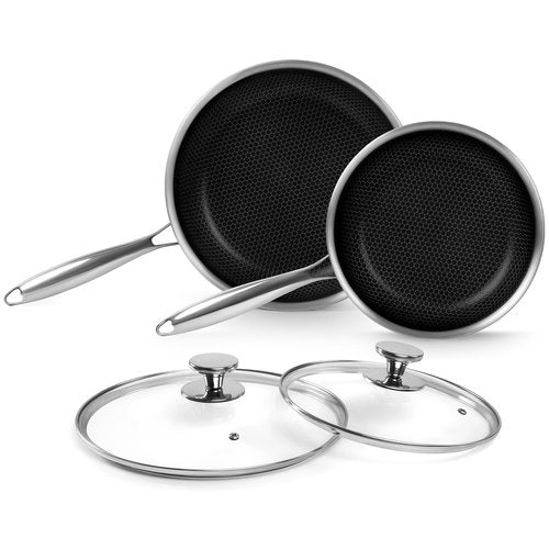 Innerwell Tri-Ply Stainless Steel Frying Pan Set with Lid,9.5Inch 11Inch Nonstick Honeycomb Stainless Steel Cooking Pan Set of 2 Skillet Works Pan for Cooking with Induction Gas Stovetops