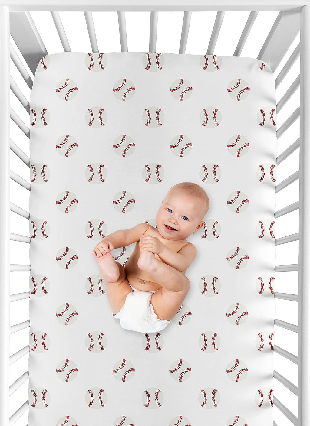 Sweet Jojo Designs 2-Piece Baby Crib Sheets Set (Red and White Baseballs) for Boys, Infant Nursery, Toddler Room - Fitted, Standard Size (Sport, Americana, Classic, Athlete, Sports Theme, Base Ball)