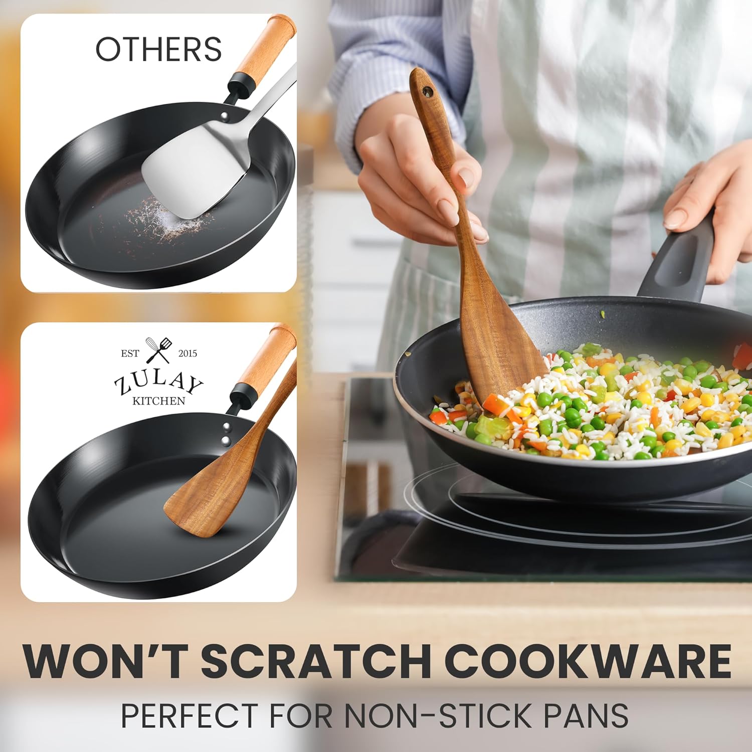 Zulay Kitchen 9-Piece Teak Wooden Utensil Set - Premium Non-Stick Cooking Tools in Gift Box | Comfortable Grip