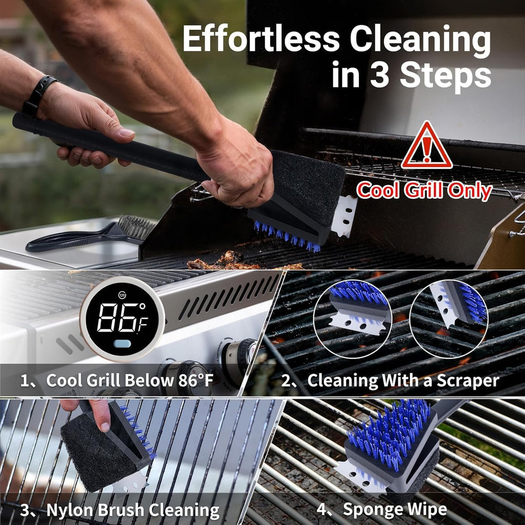 Skiennix Nylon Grill Brush - Safe Bristle-Free BBQ Cleaning Kit | 3-Piece Set for Outdoor Grills