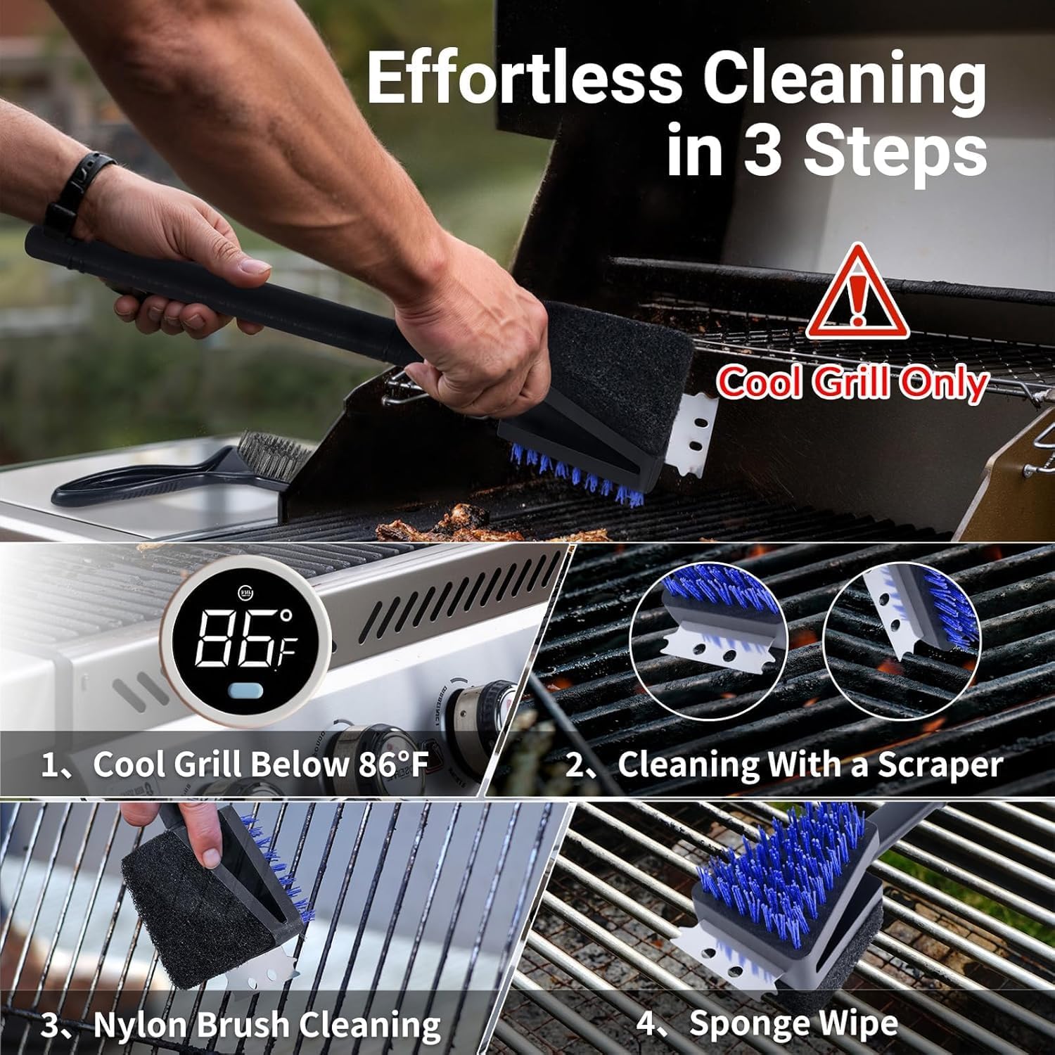 Skiennix Nylon Grill Brush - Safe Bristle-Free BBQ Cleaning Kit | 3-Piece Set for Outdoor Grills