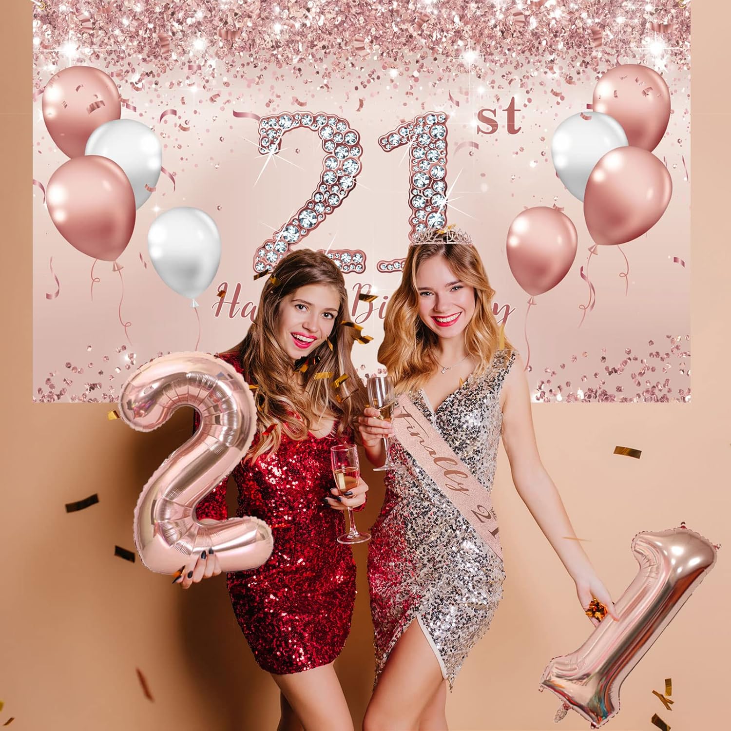 Trgowaul 21st Birthday Decorations - Rose Gold Banner, Sash, Crown & Cake Topper | Pink Balloons Set