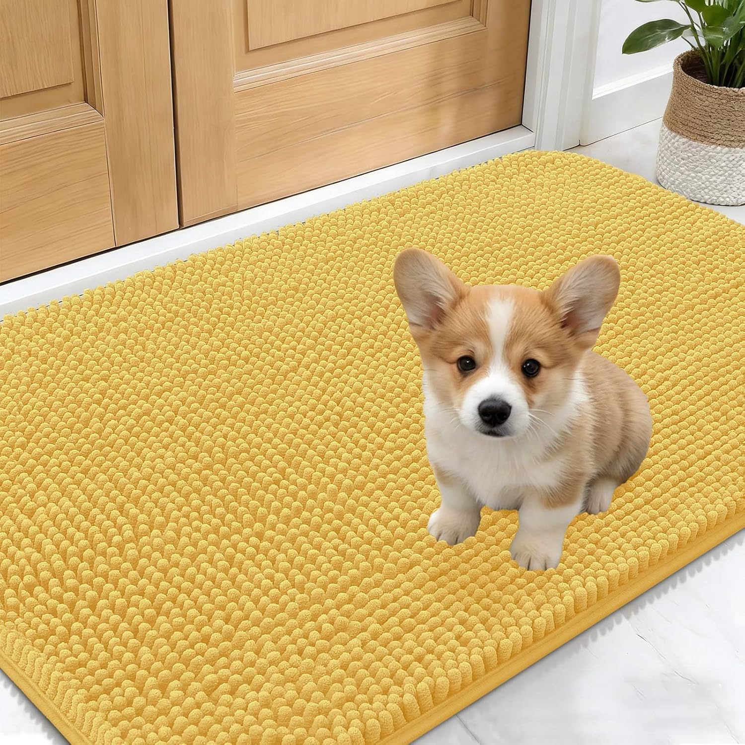 OLANLY Dog Door Mat - Absorbent Non-Slip Washable Doormat for Muddy Paws | Quick Dry Chenille, 24x16, Yellow