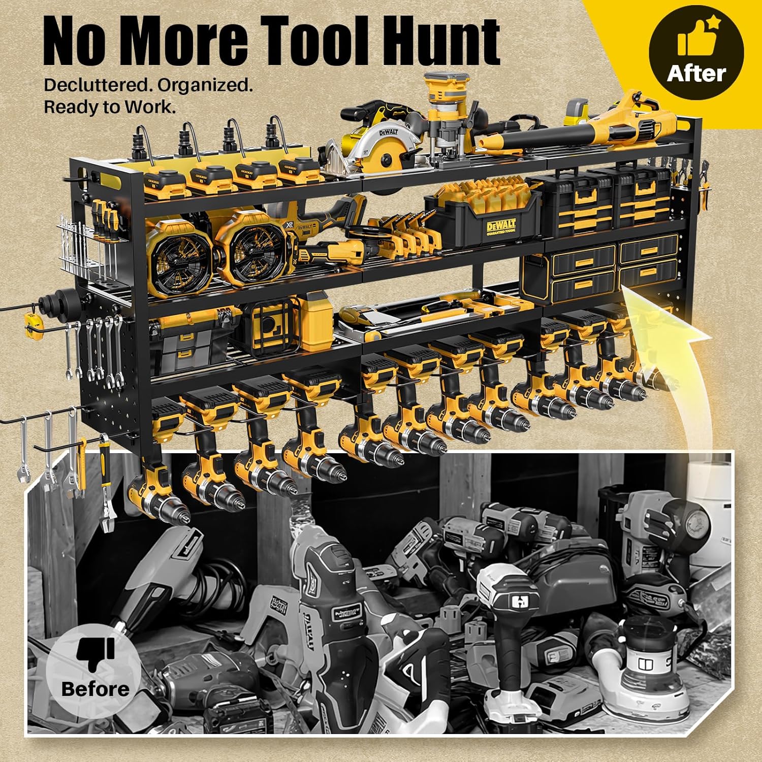 Power Tool Organizer Wall Mount - 8-Outlet Charging Station | Heavy-Duty Garage Storage Rack with Cordless Drill Holder